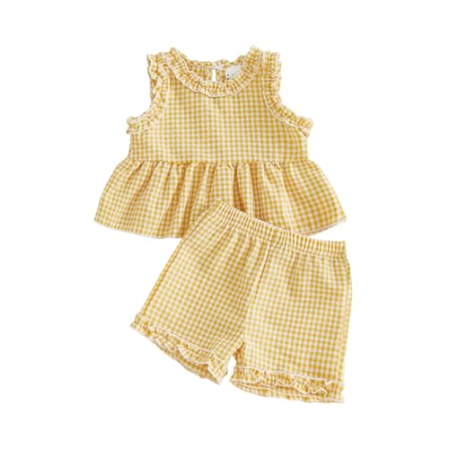 Image of Geagodelia Kids Toddler Baby Girls Summer Clothes Gingham Print Ruffled Trim Sleeveless Peplum Tops and Shorts Set Cute 2 Piece Outfit (Yellow, 3-4 Years)