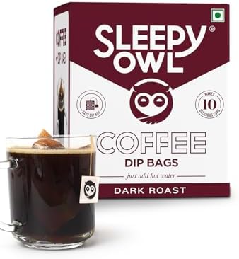 Sleepy Owl Coffee Dark Roast Hot Brew Bags | Set of 10 Bags - Makes 10 Cups |5 minute Brew - No Equipment Required | 100% Arabica Beans - Sourced Directly from Farms