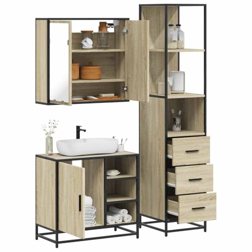 Runheo 3-TLG. Juego de muebles de baño de roble Sonoma, madera, metal, 65 x 20 x 60 cm, armario con espejo, armario bajo lavabo, armario para baño, robusto, duradero, amplio espacio de almacenamiento