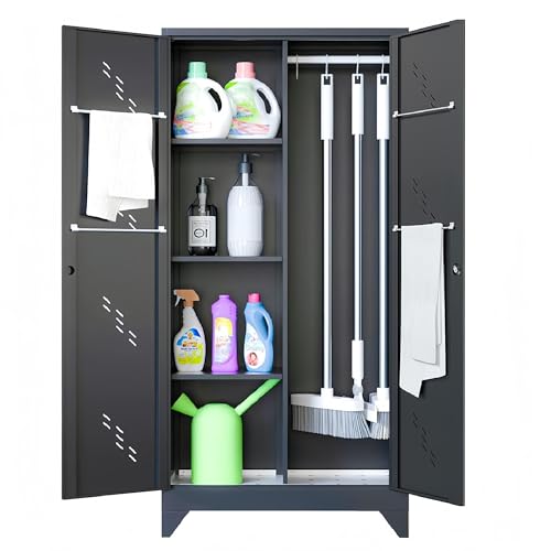 Image of VASAAOSD 71" Broom Closet Cabinet with Hanging Rod, Tall Bathroom Storage Cabinet, Cleaning Tool Cabinet for Utility Room and Garage, Black Metal Storage Cabinet
