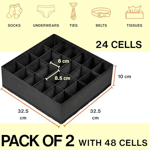 Image of Skrill 24-Compartment - Set of 2 | Non-Woven Foldable Cloth Storage Box Set Underwear, Socks, Ties, Scarves, Bras, Lingerie Drawer Organization | Space Saving Divider Organizer Closet Storage | Black