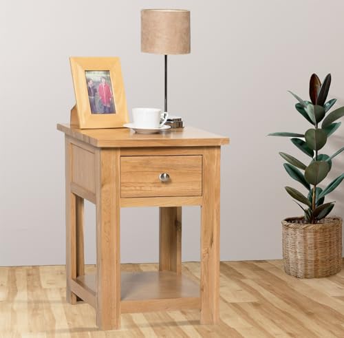 Hallowood Furniture Waverly Oak Lamp Table with Drawer and Lower Shelf, Solid Wooden Side Table in Light Oak, Nightstand, Oak Plant Stand, Fully Assembled Bedside and Living Room Furniture