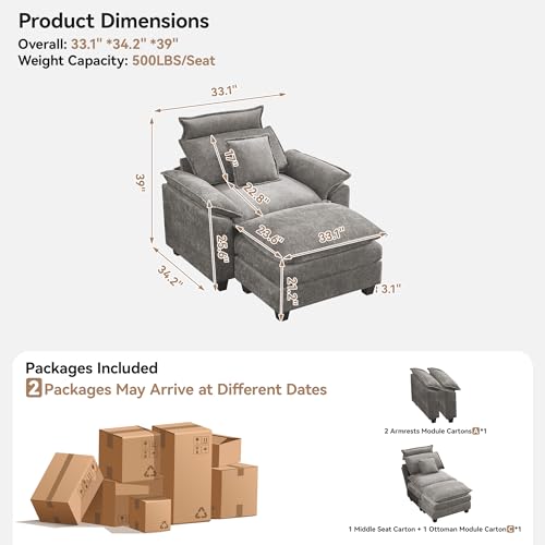 Image of 46''Cloud Oversized Sofa Chair with Detachable Headrest, Upholstered Comfy Arm Accent Chair with Ottoman,Modern Chenille Reading Lounge Armchair for Living Room,Bedroom, Light Grey
