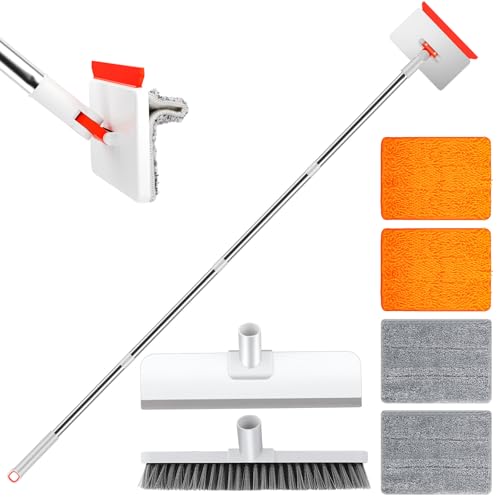 Wandreiniger Fliesenreiniger Gerät，Chilymes Fliesenreiniger Fußleisten Reiniger mit 147cm Aluminium langem Griff, 4 Wiederverwendbare Pads & Bürstenaufsatz Wandfliesen Wischmopp für Bad und Boden