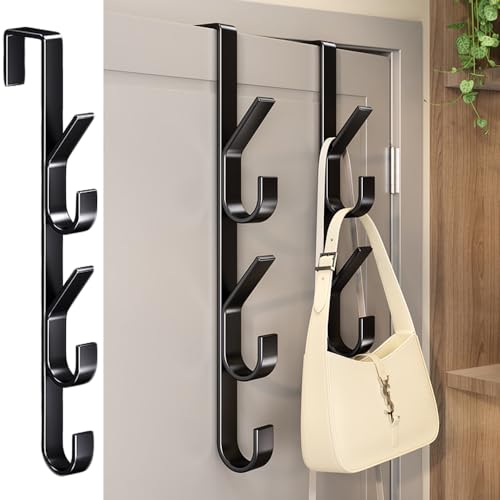 2Pcs Over The Door Hooks Towel Holders for Bathroom, 5 Hooks Door Mount Towel Racks for Bedroom Kitchen, Wall Mount Hangers for Cabinet Cupboard Metal Sandblasted Fits 1-1/2