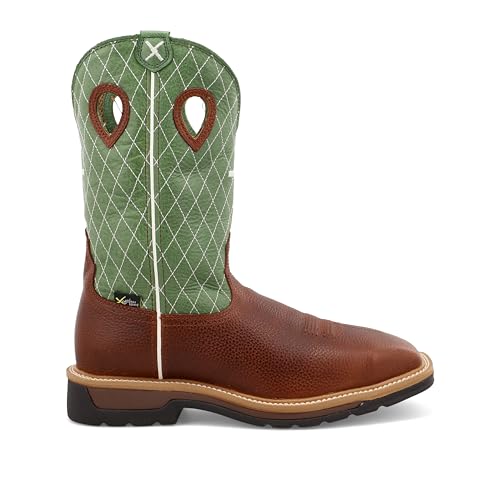 Twisted X Men's 12" Western Work Boot, Square Toe Steel Toe, Cognac Glazed Pebble & Lime - w/Metgaurd, 9.5 EE4