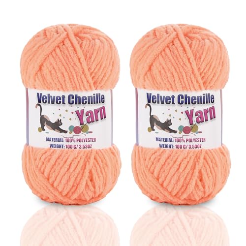Image of 2 * 100g /3.5oz Fluffy Chenille Yarn for Crocheting, Chunky Velvet Yarn for Crochet Amigurumi, Used for Making Baby Yarns Blanket, Clothes, Pattern Knitting Creations (Apricot Color)