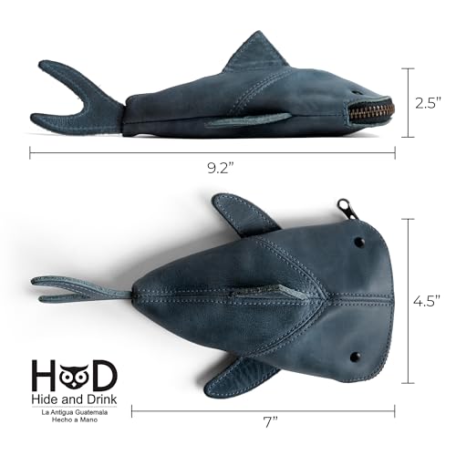 Hide & Drink, Full Grain Leather Zipper Coin Pouch, Change Bag, Pencil Purse, Scissors Case, Shark Shaped Cable Holder, Wallet, Makeup, Stuffed Animal, Handmade, Slate Blue4