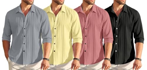 Image of FINIVO FASHION Combo of Men's Casual Cotton Plain Button Down Shirt Long Sleeve Textured Summer Beach Shirt for Men Pack of 4
