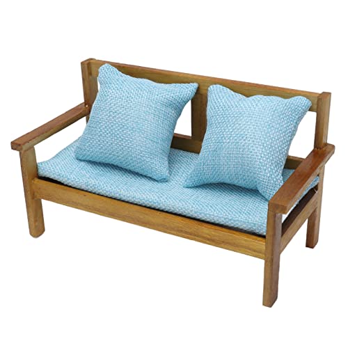 Dilwe Puppenhaus Couch, Fester Holzrahmen Leinwand Textur Miniatur Sofa 1:12 Puppenhaus Dekoration mit Dekokissen – Bild 3