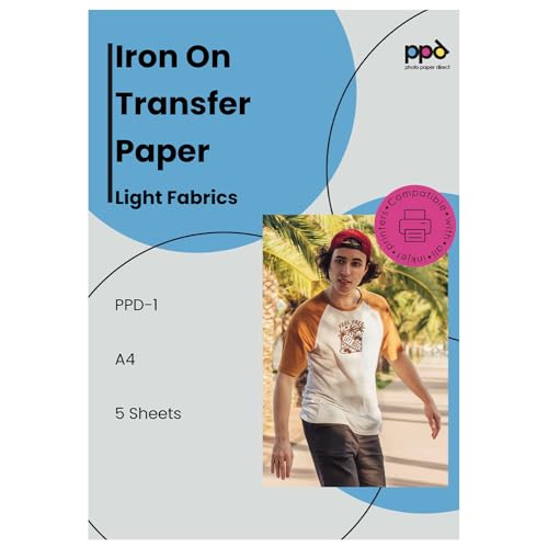 PPD A4 x 5 Hojas de Papel de Transferencia Térmica Para Camisetas, Mascarillas y Tejidos Claros - Para Impresora de Inyección de Tinta Inkjet - PPD-1-5