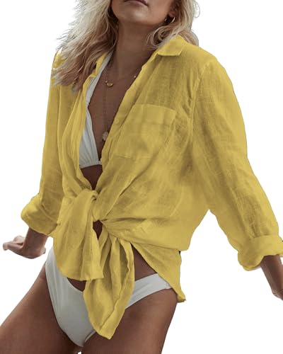 Image of Bsubseach Women Long Sleeve Beach Shirt Blouses Bathing Suit Cover Up Button Down Collar