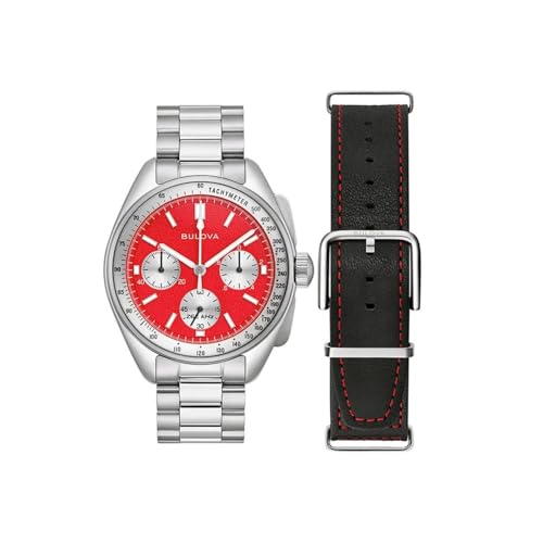 Bulova Reloj de Cuarzo Lunar Pilot de 43,5 mm con cronógrafo, Calendario, Correa de Acero Inoxidable y Correa Adicional Intercambiable de Cuero Negro