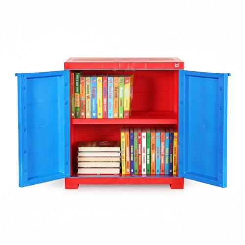 Image of Cello Novelty Compact Bookshelf, Red & Blue | 2 Dustproof Doors | Space Saving Cupboard | Plastic Book Shelf | Multipurpose Book Shelf for Home, Office | Book Organizer for Library
