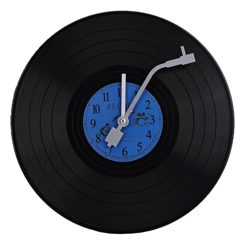 Musical Black Vinyl Record Wall Clock Battery Operated Music Room Decor Decoration Art Hanging Clocks- 11.81inch Blue