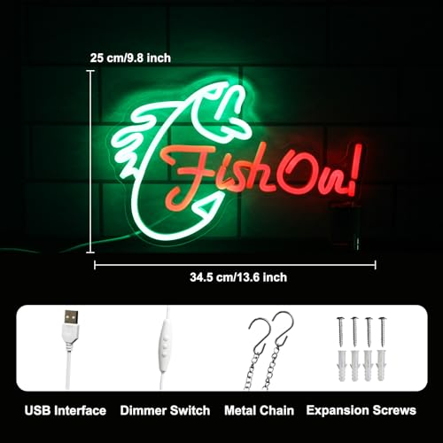 Image of Fish On Neon Sign Go Fishing LED Lights for Bedroom Garage Decor Men Gifts | Fish Neon Light for Wall, Dimmable Acrylic Fishing Sign, Green Red Letter Light Up Sign, Man Cave Yacht Decor, Fishing Gifts