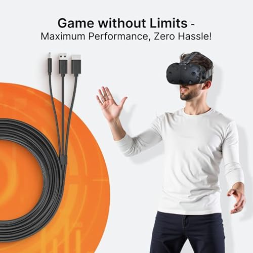 Skywin 3-in-1 Flat HTC Vive Compatible Cable (5 Meters / 16 Feet), Replacement 3-in-1 Connection Cable for HTC Vive Headset and Linkbox (Black)