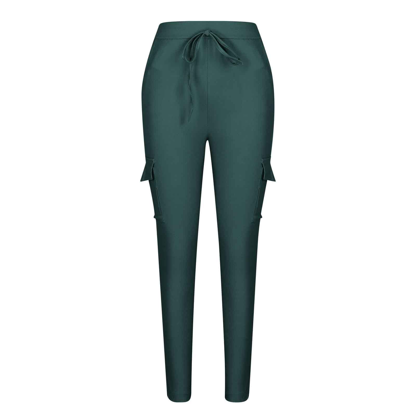 Women Casual Cargo Pants Solid Color Dressy Sweatpants Trendy Lace Loose Drawstring Pants with Multi Pockets