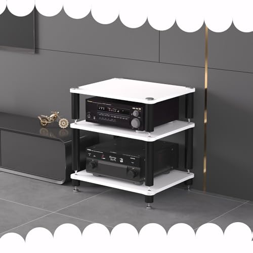 Soportes de altavoz Gabinete para equipos audiovisuales, blanco, de esquina, de 3 niveles, con soporte para componentes de audio y video, soporte abierto para reproductor de CD, estante de madera y m