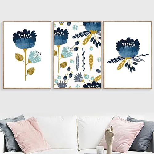 Tableau floral bleu et jaune triptyque grand format pour habiller les murs