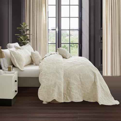 Image of HZ & HY Oversized King Bedspread 128x120 Extra Wide, Stitched Paisley Quilt Set King /Cal King, Lightweight Reversible Coverlet, Scalloped Edge - Soft Classic Look, 5 Piece, Ivory Yellow
