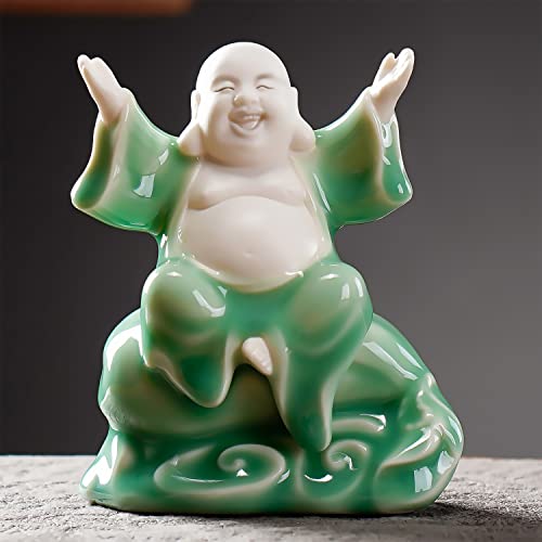 Estatua pequeña de Buda sonriente verde para buena suerte