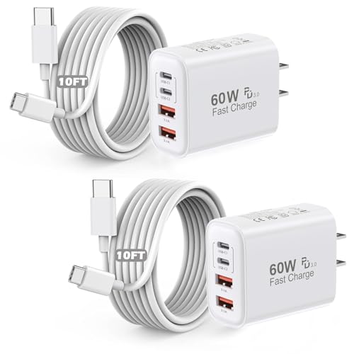 Image of iPhone 17 Charger Fast Charging,2Pack 60W Multiport Power Adapter 4-Port USB-C USB-A iPhone Charger Block with 10FT USB C to C Charger Cable Cord for Apple iPhone17 Pro Max /17e /16e /16Pro /15Plus,iPad