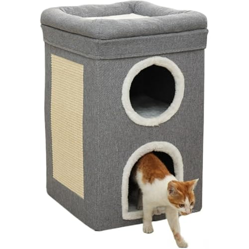 SSZYキャットハウス 多頭用 猫ハウス 猫の遊び場 キャットハウス 爪とぎ付き 猫用 タワー 折り畳み 省スペース ペット用ハウス 猫ちゃんが大喜び ペットベッド おしゃれで実用 組立簡単 ストレス解消 (グレー,二階建て)