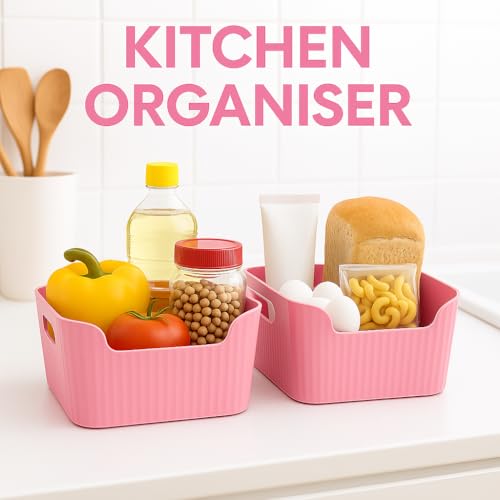 Image of Plastic Storage Box with Lid - Large Stackable Organizer Storage Box for Clothes, Toys, Kitchen - Big Size Plastic Storage Container Basket for Home, Office, Bathroom(Smal,Pack of 8,Pink)