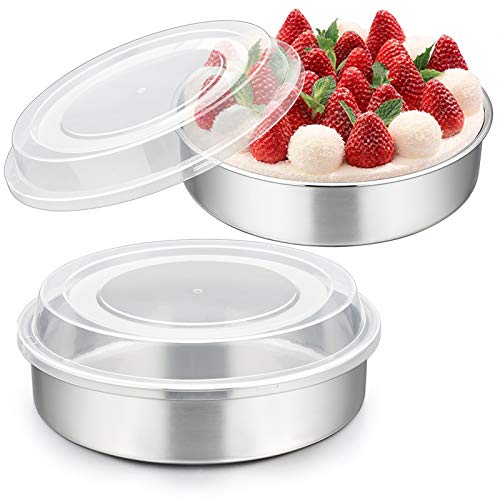 Homikit Cake Tin, 8 Inch Round Cake Mould with Lid (2 Tins + 2 Lids), Stainless Steel Christmas/Birthday Cake Baking Pan Bakeware Set, Mirror Finished & Dishwasher Safe - 4 Pieces