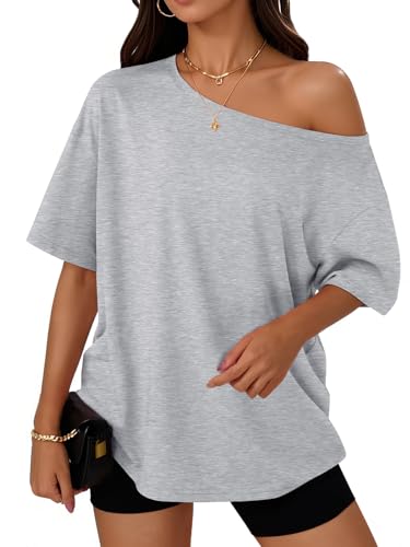 Image of Trendy Queen Womens Off the Shoulder Tops Oversized Summer T-Shirts 2026 | Breathable Strenchy Comfort Material Short Sleeve Basic Oversized Tees Casual Workout Gym Y2k Going Out Clothes