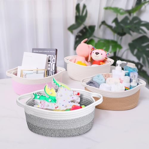 Image of ABenkle Small Basket with Handles, Boho Decorative Rope Woven Dog Cat Toy Storage Bin Shelf Storage Organizer, Easter Christmas Gift Basket, 12 inchx8 inchx5 inch