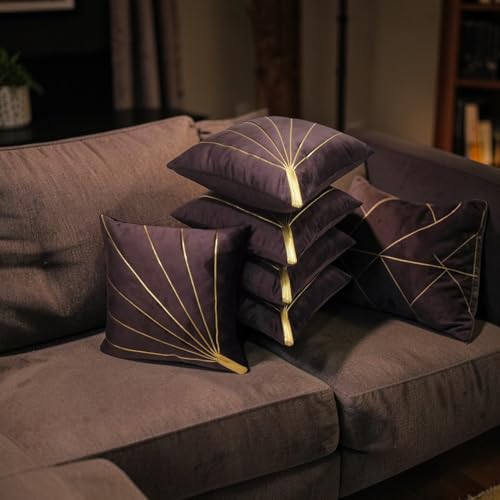 Image of Home Velvet Cushion Cover with Golden Stripes, Aqua Pack of 5, 16x16 to 26x26 Inch (Brown, 24x24in)