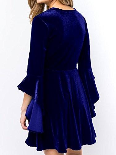 Caitefaso Womens Fall Velvet Plunge Party Dresses Flare Long Sleeve V Neck Elegant Swing A Line Mini Dress