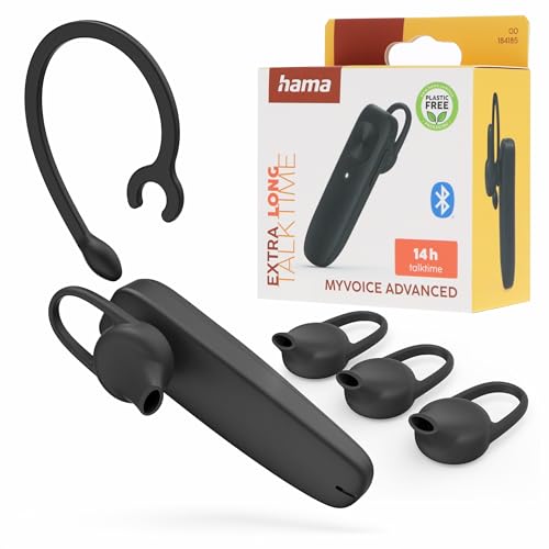 Hama MyVoice Advanced słuchawka mono Bluetooth (14h rozmów, multipoint – 2 urządzenia, obsługa Siri/Google Assistant, zaczep na ucho, 3 rozmiary nauszników, USB-C, 250h czuwania, czarna)