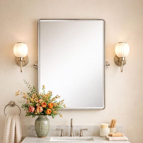 Image of Farmhouse Pivot Rectangle Bathroom Mirror Brushed Nickel Metal Framed Tilting Beveled Vanity Mirrors for Wall, Overall 27.91x 30 inches (Mirrror 24 x 30 inches)