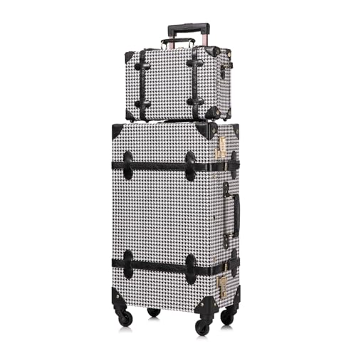 Image of UNIWALKER Vintage Suitcase Set for Women, 2 Piece Retro Spinner Trunk Luggage with Cosmetic Handbag (24 inch+12 inch, grid)