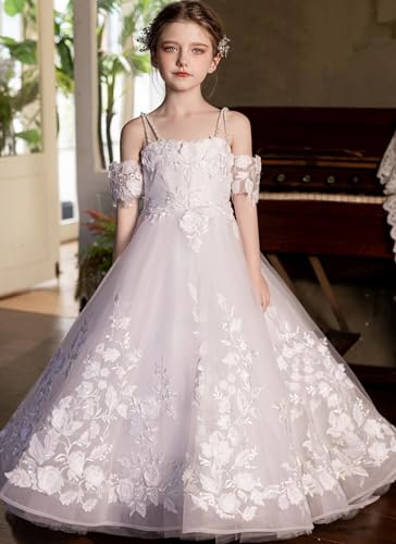 Off Shoulder Flower Girl Dresses for Wedding Lace Appliques Princess Pageant Dress Puffy Tulle Formal Girls Ball Gown2