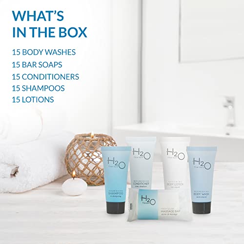 H2O Therapy Hotel Soaps & Toiletries Bulk Set | 1-Shoppe Amenities Kit | 0.85oz Shampoo & Conditioner, Body Wash, Lotion, 1oz Bar Soap | Travel Size | 75 Pieces