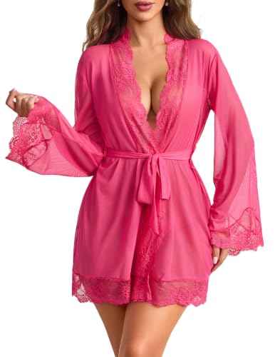 Image of Avidlove Women Lace Kimono Robe Sexy Lingerie Mesh Chemise Cover Up Sets | Sheer Lace Robe, Deep V Neck, Flare Long Sleeve, Adjustable Belt Tie, Matching G String, Beach Cover Up