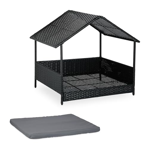 Relaxdays Hundeliege mit Dach, HxBxT: 81 x 90 x 68 cm, Polyrattan, erhöhtes Hundebett mit Kissen, Outdoor, anthrazit