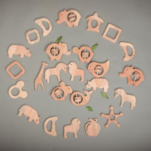 Image of Natural Neem Wood Baby Teether - Handmade Animal Shape Wooden Toy - Non-Toxic, Organic Chew Aid for Teething - Safe for Gums - Biodegradable, Eco-Friendly Gift for Infants & Toddlers (Neem Wood Baby Teether Set -9)
