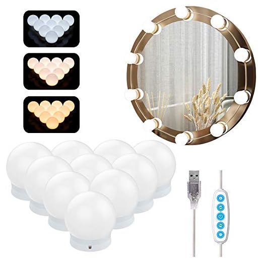 Azhien Luces de Espejo Maquillaje,Luces de Espejo de Tocador Estilo Hollywood con 5 Modos de Color y 10 Bombillas LED Regulables para Espejo de Maquillaje(Cable USB,sin espejo)