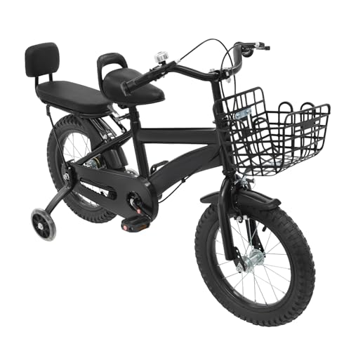 HHEMSTD Bicicleta infantil de 14 pulgadas, para niños, con ruedas estabilizadoras, cesta y asiento de poliuretano, para niñas y niños, a partir de 3 años, color negro