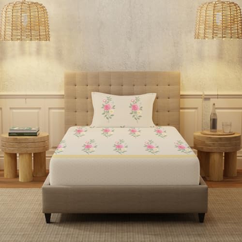 Image of Urban Space Serene 100% Cotton Bedsheet for Single Bed, 200 TC Floral Single Bedsheet with 1 Pillow Cover (58 X 90 Inches, Vintage Rose Soft Brown)