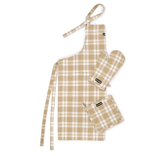 Image of Encasa XO 100% Cotton Apron Set for Women & Men with Adjustable Apron, Oven Gloves & Pot Holder (Pack of 3) Combo, Heat-Resistant, Soft & Durable for Cooking, Baking & Grilling (Franca Beige Checks)