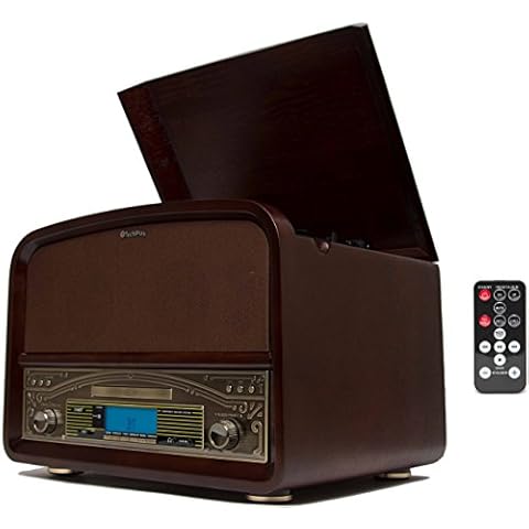 TechPlay TCP9560, High Power 20W Retro Wooden 3 Speed Bluetooth Turntable, with CD Player, AM/FM Radio, USB Recording and Playback with Remote Control. (Walnut) Cover