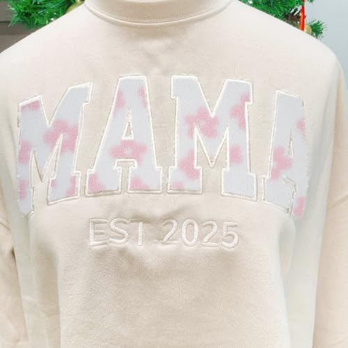 GODMERCH Custom Embroidered Mama Sweatshirt With Kid Names On Sleeve Faux Fur Pattern Text, Mama Sweatshirt Embroidered, Mama Embroidered Sweatshirt, Mom Embroidered Sweatshirt, Sweatshirt For Mom