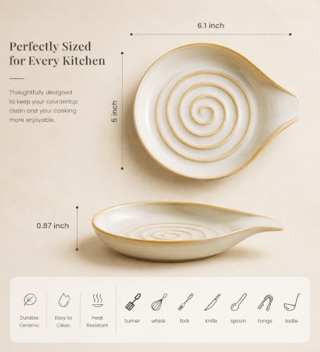 Image of LAUCHUH Spoon Rest, Large Ceramic Spoon Holder for Kitchen Counter Spatula Rest Heat-Resistant Spoon Rest for Stove Top Cooking Utensil Holder, Farmhouse Kitchen Decor, Cream, 5 Inch