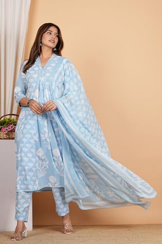 Image of Yash Gallery Women's Cotton Calf Length V-Neck Botanical Print Regular Fitted Anarkali Kurta With Pant & Dupatta